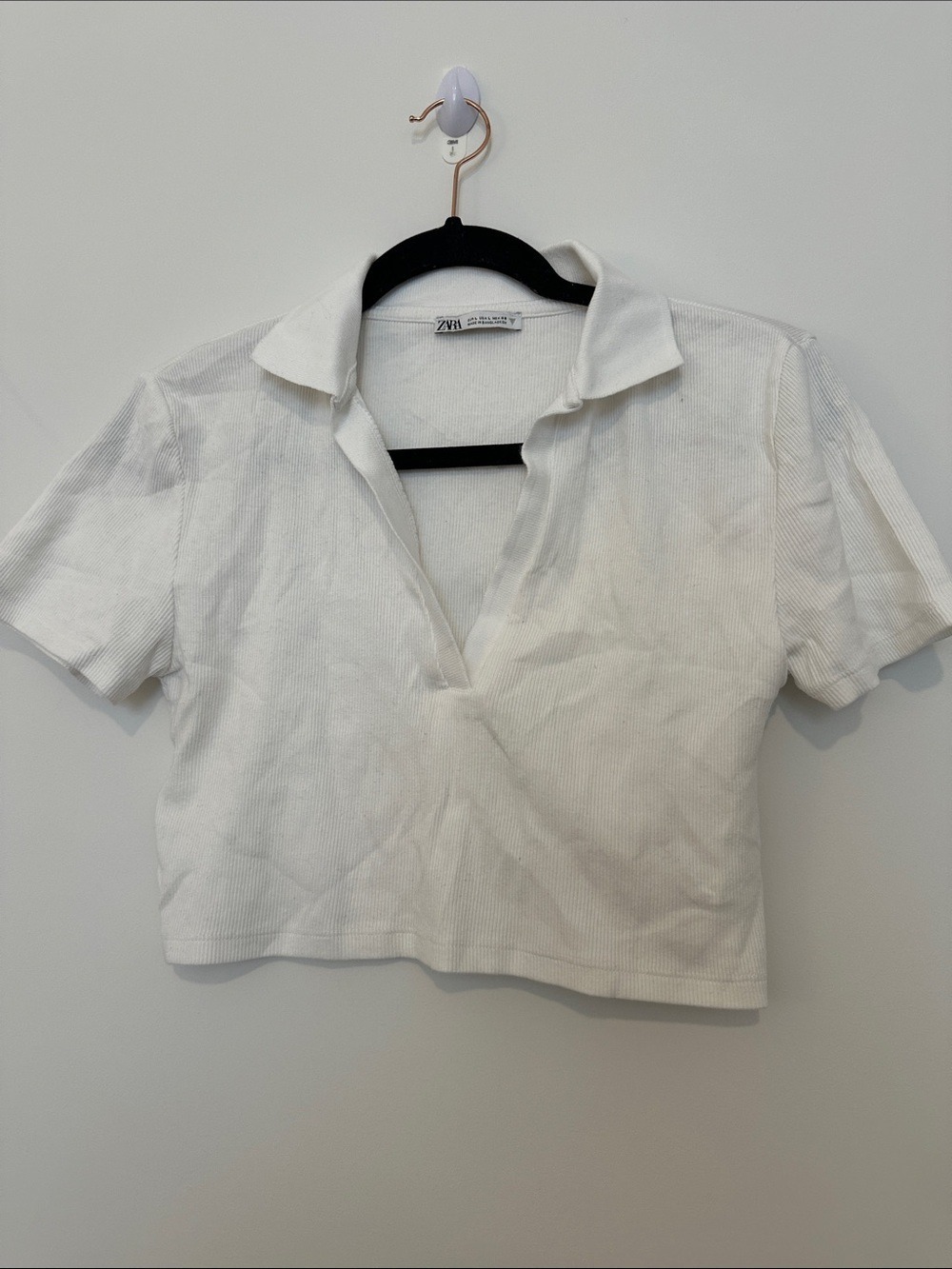 Zara White Ribbed Cropped Polo Tee Top